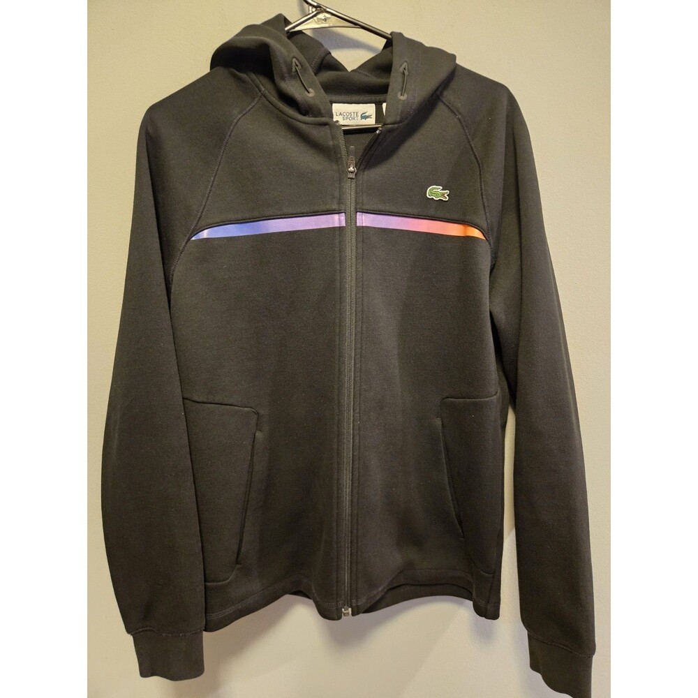 Lacoste Sport Full Zip Hoodie Black Men Medium Reflective Stripe Crocodile Logo